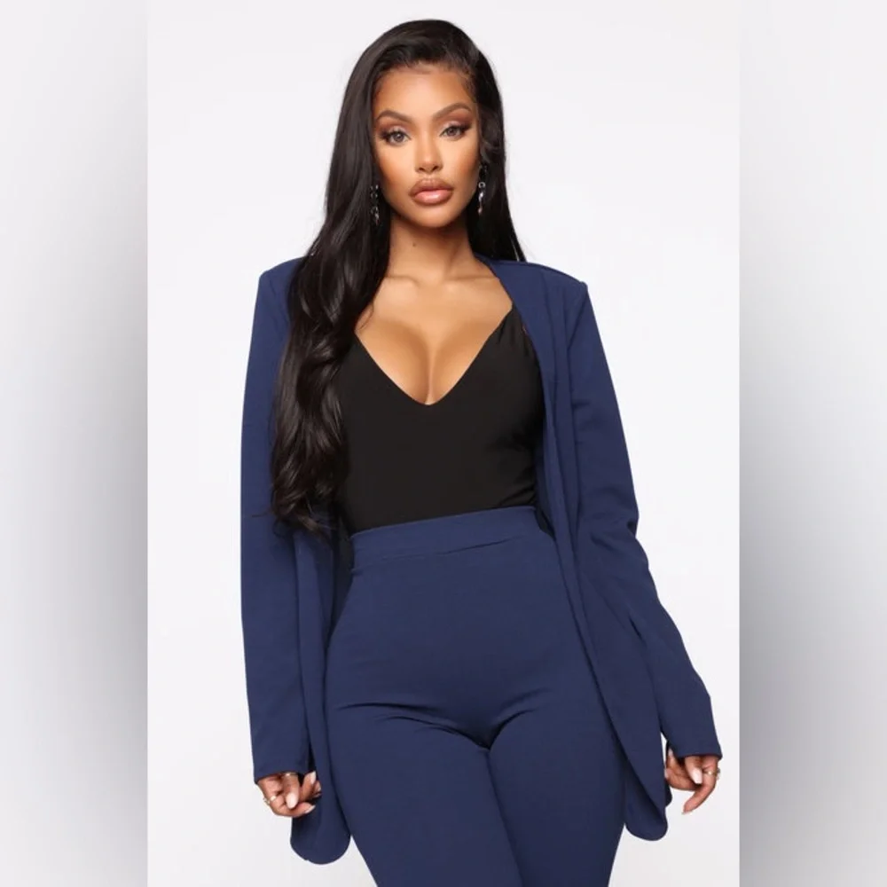 (B4) NWT Fashion Nova Navy Blue‎ Shoulder Pad Career Open Blazer Jacket M